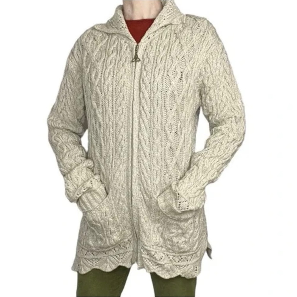 Inis Crafts Aran Merino Wool Full Zip Cardigan in Beige Size S